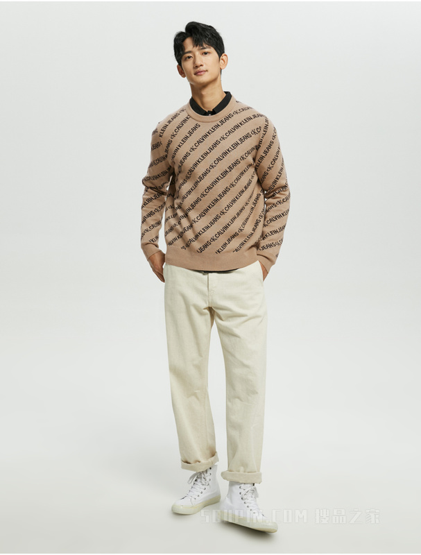 Calvin Klein 秋冬男装时尚通身LOGO提花圆领羊毛混纺针织毛衣J319617