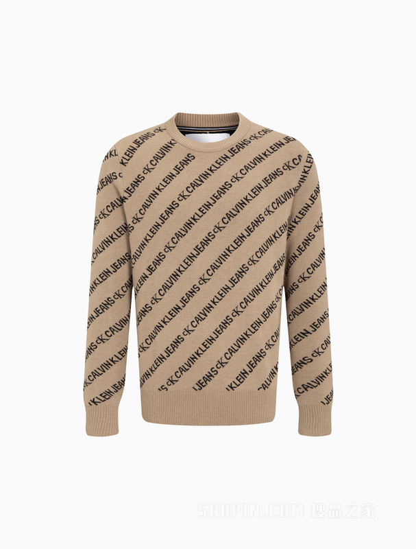 Calvin Klein 秋冬男装时尚通身LOGO提花圆领羊毛混纺针织毛衣J319617