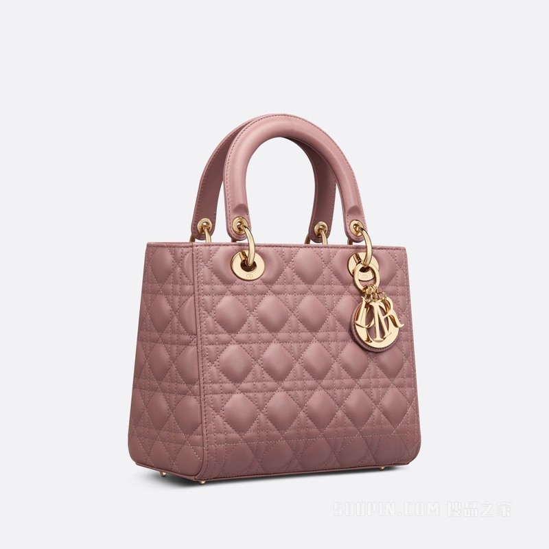 中号 Lady Dior 手袋 牡丹粉色羊皮革藤格纹