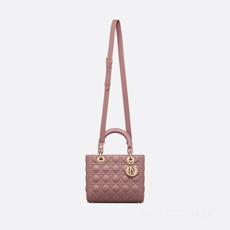 中号 Lady Dior 手袋 牡丹粉色羊皮革藤格纹