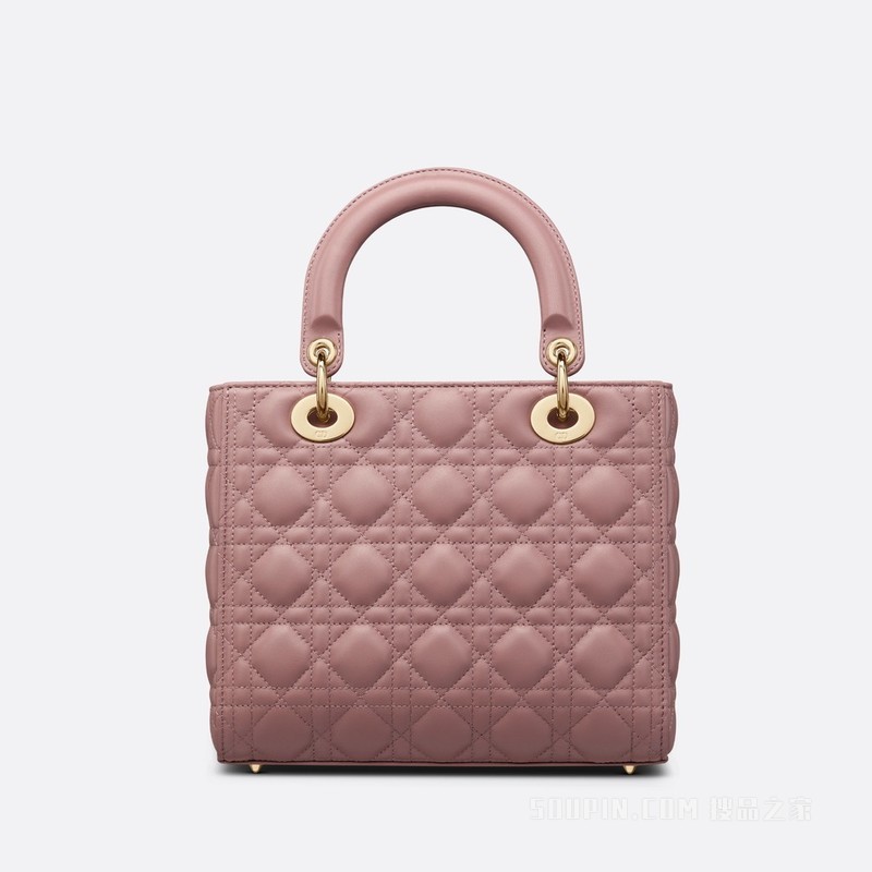 中号 Lady Dior 手袋 牡丹粉色羊皮革藤格纹