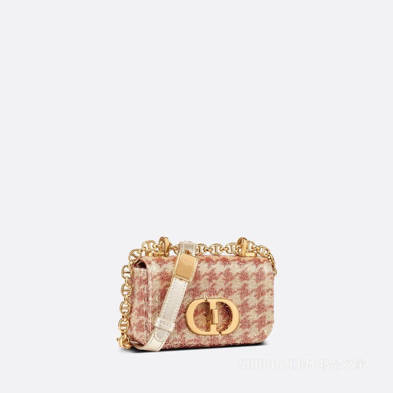 超迷你 Dior Caro 手袋 粉色金属光泽迷你珠饰千鸟格纹刺绣