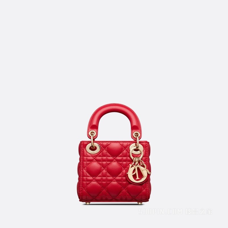 超迷你 Lady Dior 手袋 绯红色羊皮革藤格纹