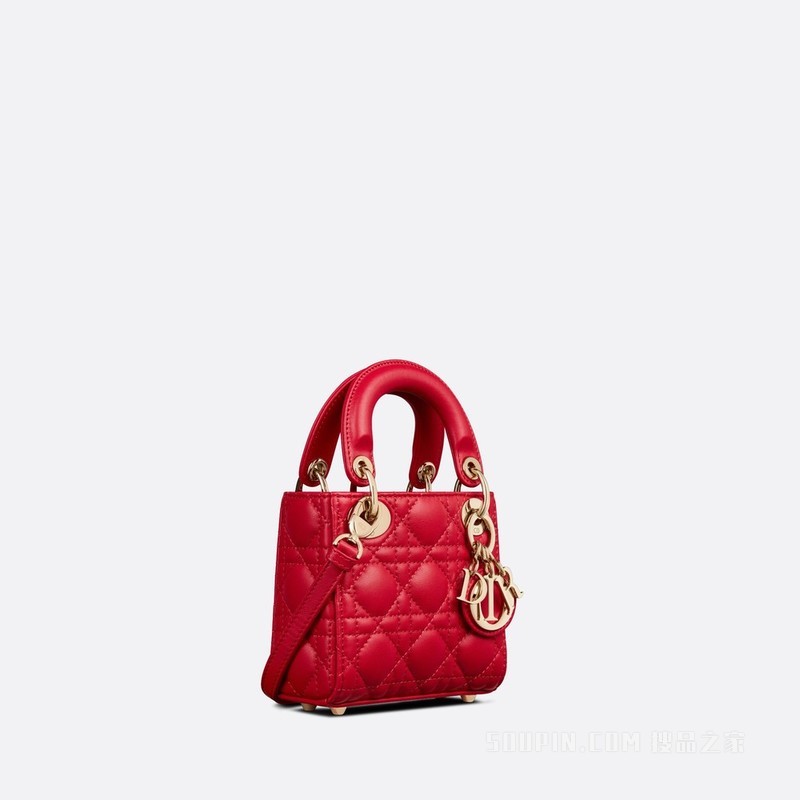 超迷你 Lady Dior 手袋 绯红色羊皮革藤格纹