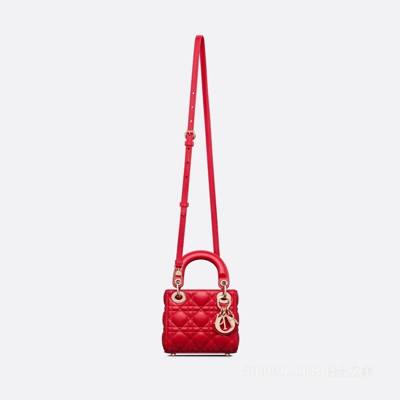 超迷你 Lady Dior 手袋 绯红色羊皮革藤格纹
