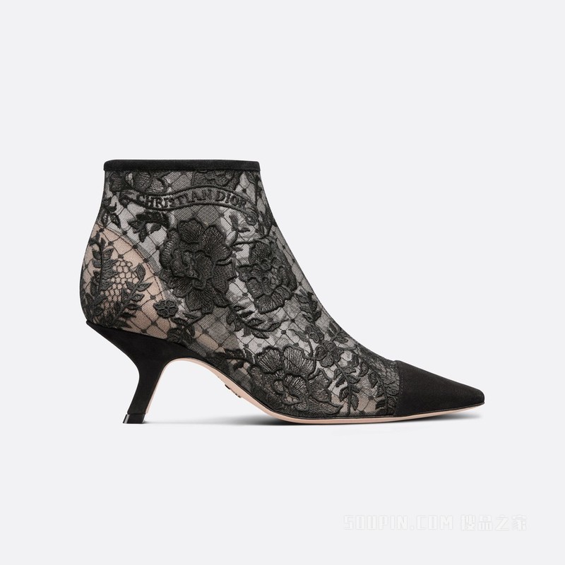 Dior Capture 带跟及踝靴 黑色透明网面和绒面革 Dior Roses 图案刺绣