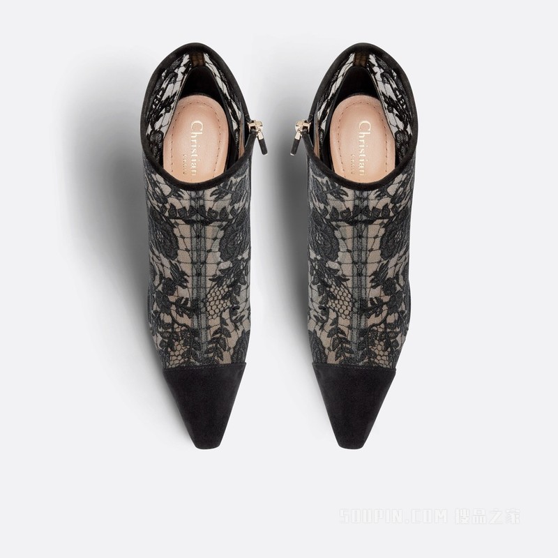 Dior Capture 带跟及踝靴 黑色透明网面和绒面革 Dior Roses 图案刺绣