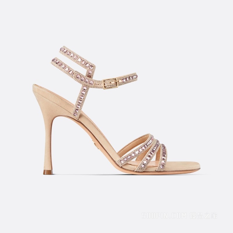 Dior Gem 带跟凉鞋 裸色棉质面料金属光泽线刺绣搭配正方形仿水晶装饰