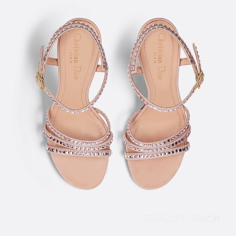 Dior Gem 带跟凉鞋 裸色棉质面料金属光泽线刺绣搭配正方形仿水晶装饰