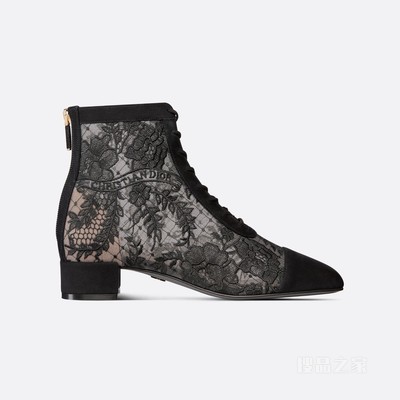 Naughtily-D 及踝靴 黑色透明网面和绒面革 Dior Roses 图案刺绣