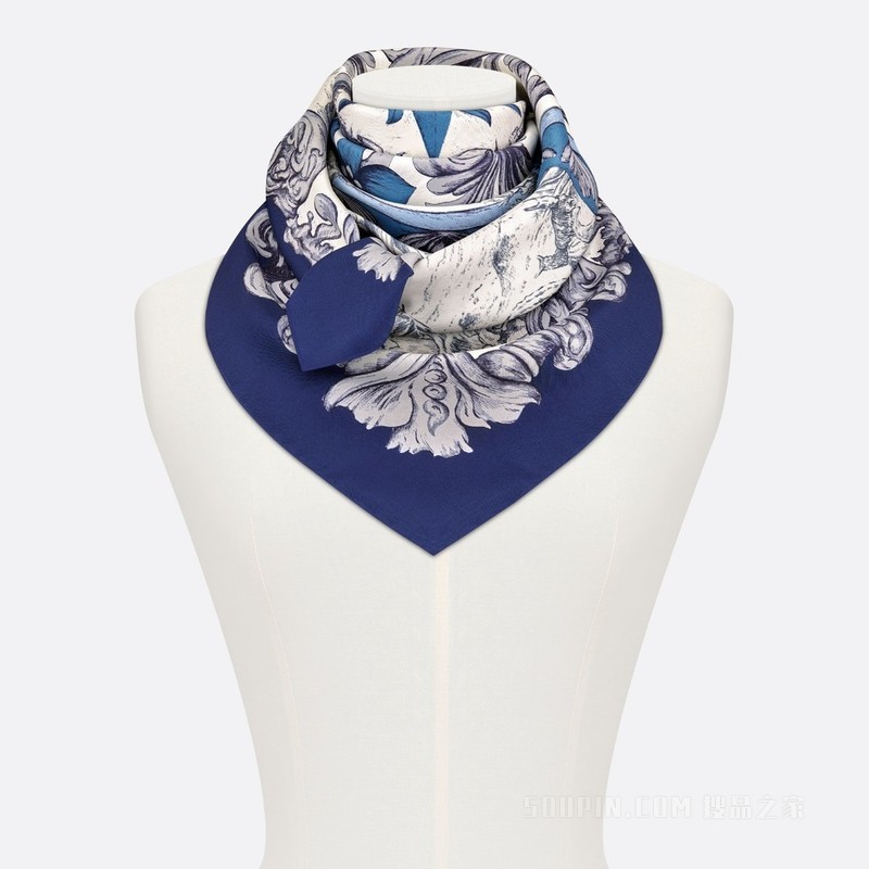 Dior 印花方巾 90 厘米宝蓝色和白色桑蚕丝斜纹面料 Rose des Vents 印花