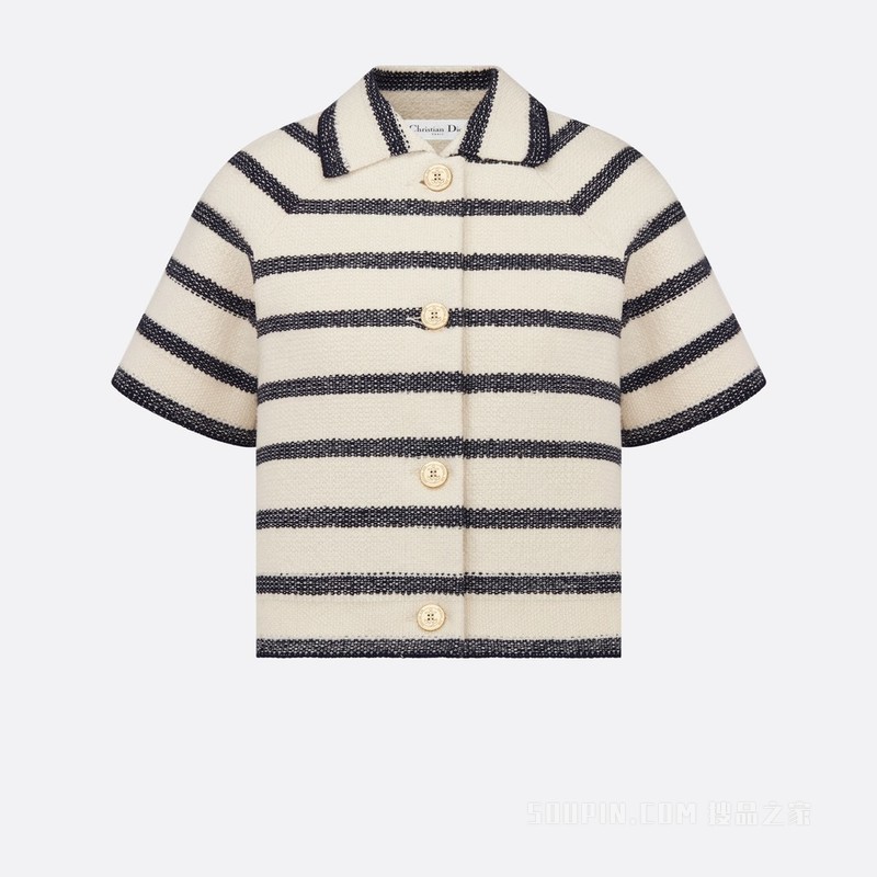 Dior Marinière 短袖夹克 海军蓝色和米白色棉质混纺科技针织面料 D-Stripes 图案