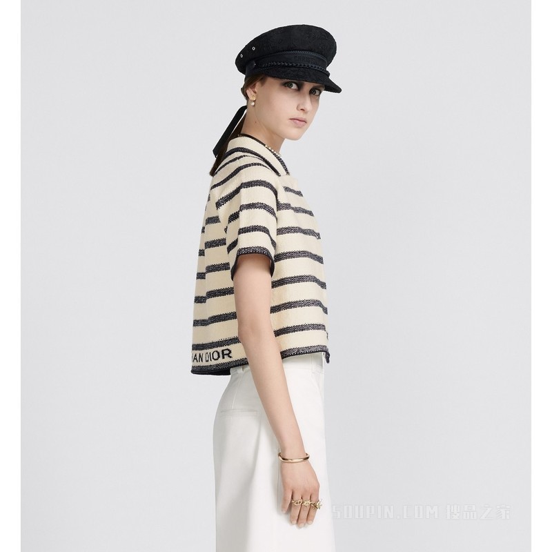 Dior Marinière 短袖夹克 海军蓝色和米白色棉质混纺科技针织面料 D-Stripes 图案