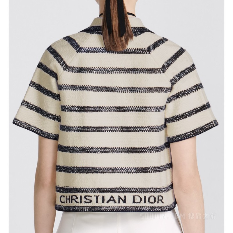 Dior Marinière 短袖夹克 海军蓝色和米白色棉质混纺科技针织面料 D-Stripes 图案