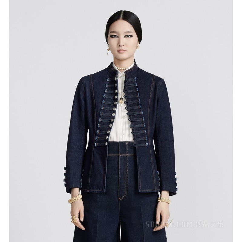 勃兰登堡风格修身剪裁西装外套 蓝色棉质牛仔布