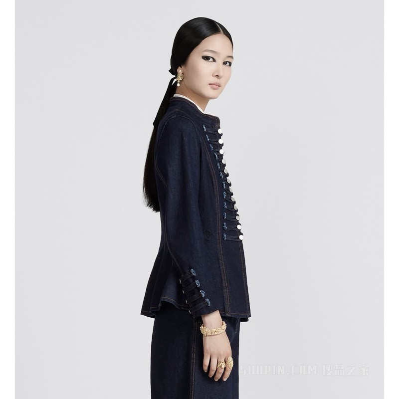 勃兰登堡风格修身剪裁西装外套 蓝色棉质牛仔布