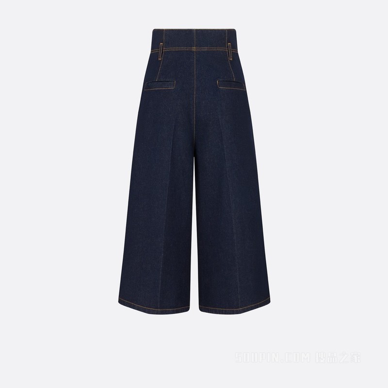 喇叭形九分牛仔裤 蓝色棉质牛仔布