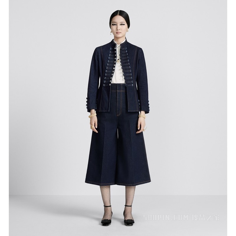 喇叭形九分牛仔裤 蓝色棉质牛仔布