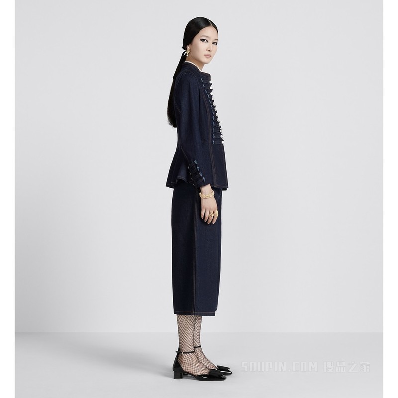 喇叭形九分牛仔裤 蓝色棉质牛仔布