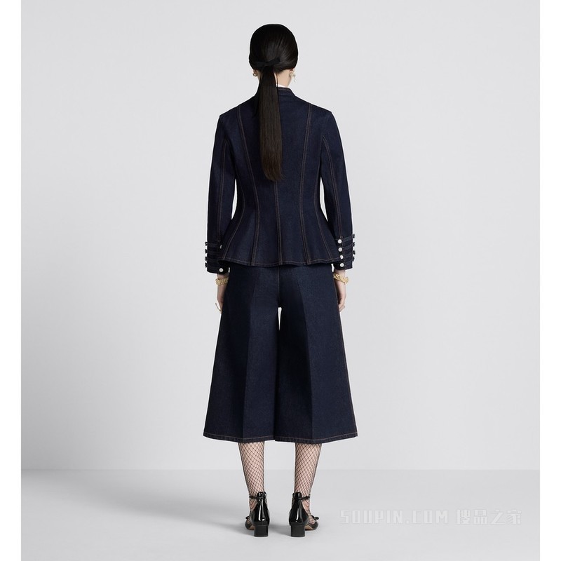 喇叭形九分牛仔裤 蓝色棉质牛仔布