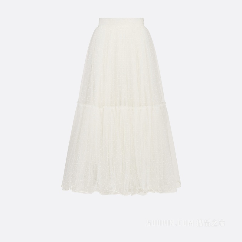 喇叭形半裙 米白色小花薄洋纱