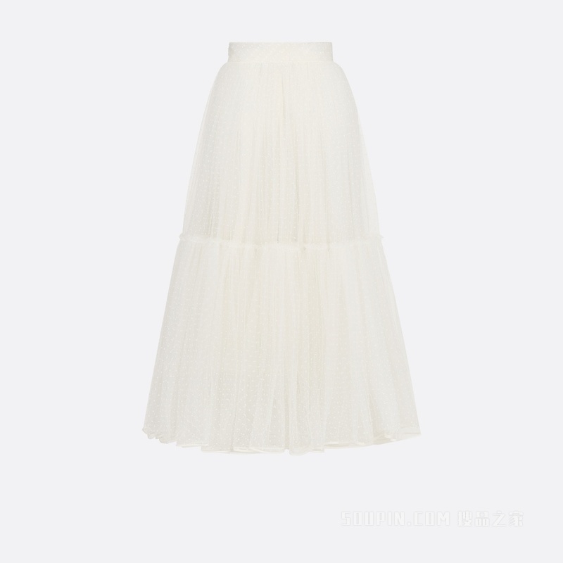 喇叭形半裙 米白色小花薄洋纱