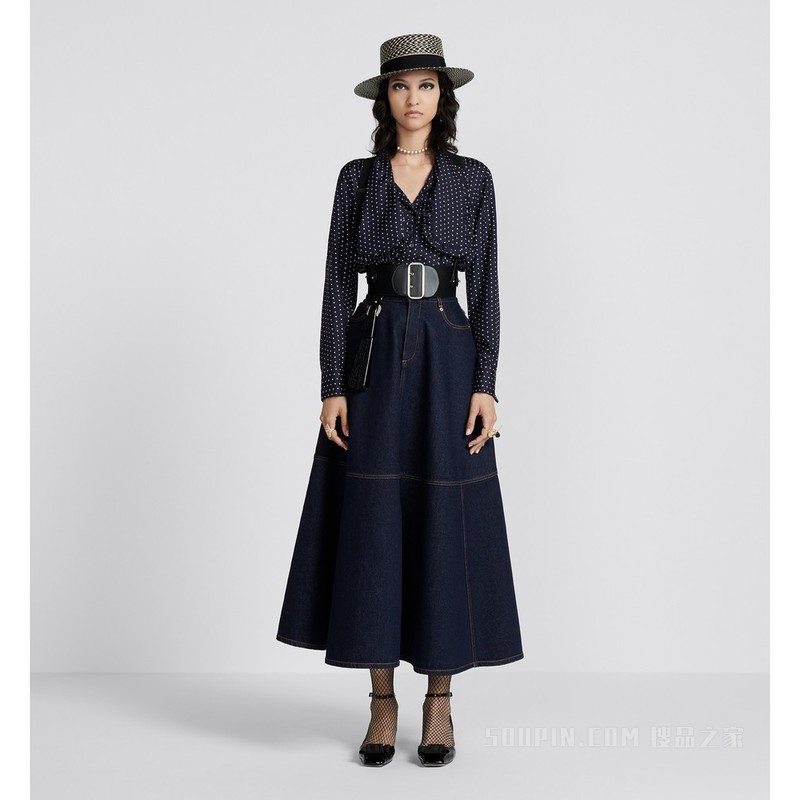 喇叭形半裙 蓝色棉质牛仔布