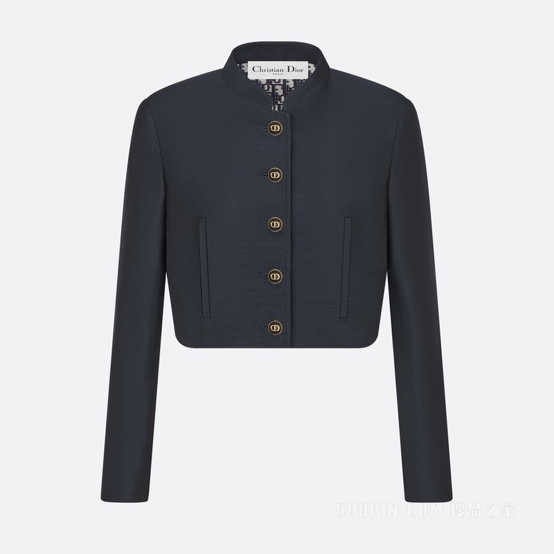 短款夹克 海军蓝色桑蚕丝和羊毛混纺斜纹面料