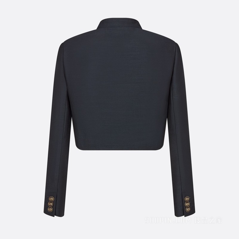 短款夹克 海军蓝色桑蚕丝和羊毛混纺斜纹面料