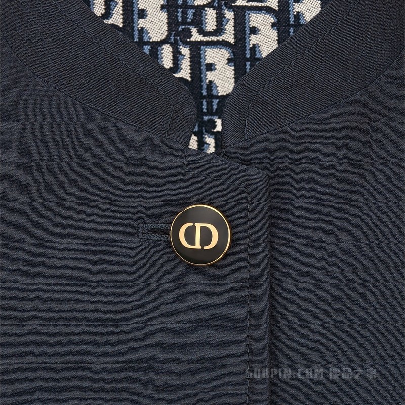 短款夹克 海军蓝色桑蚕丝和羊毛混纺斜纹面料