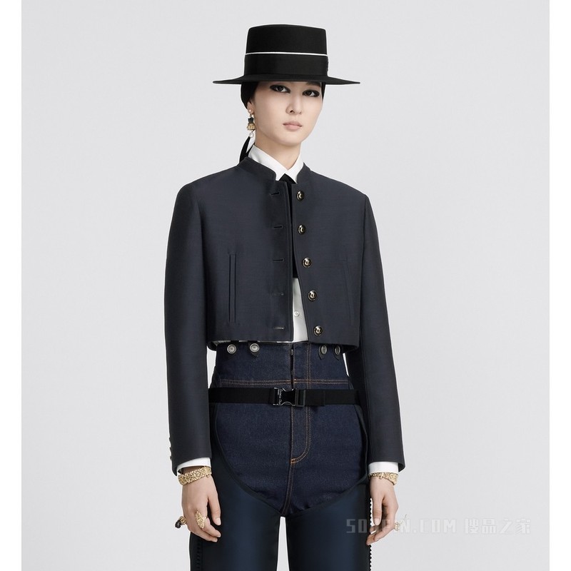 短款夹克 海军蓝色桑蚕丝和羊毛混纺斜纹面料