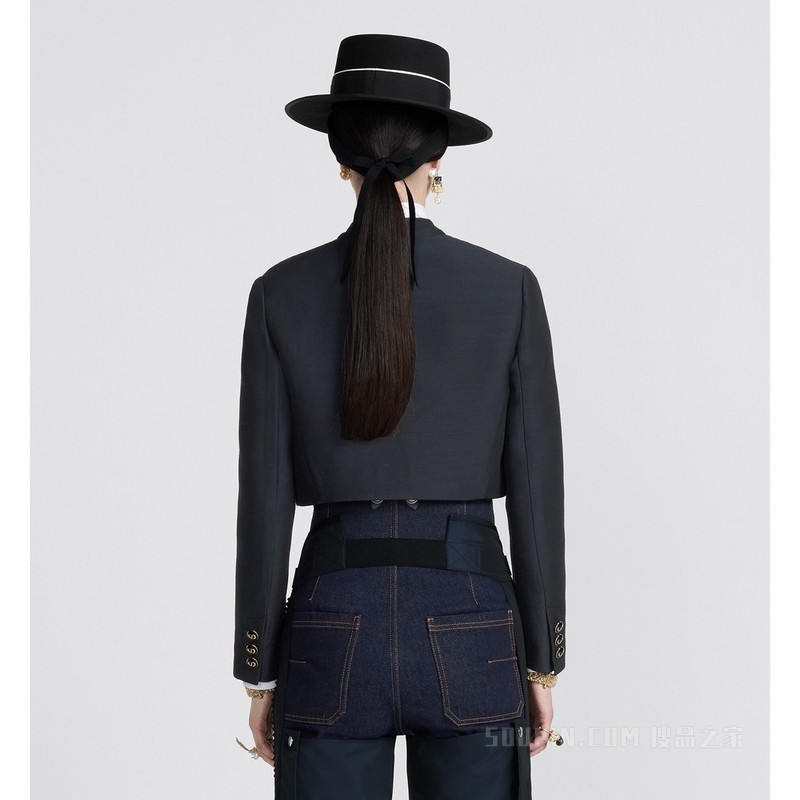 短款夹克 海军蓝色桑蚕丝和羊毛混纺斜纹面料