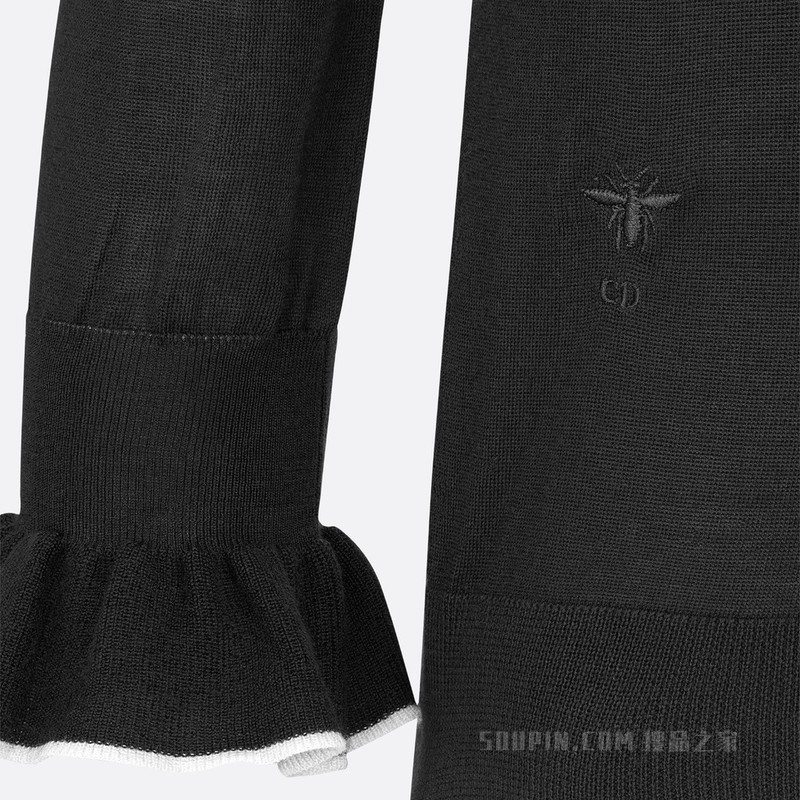 针织衫 黑色山羊绒和桑蚕丝混纺针织面料荷叶边装饰