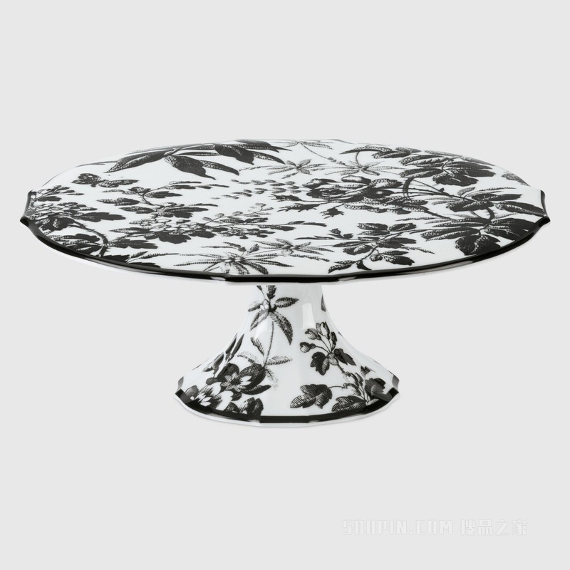 腊叶印花蛋糕盘 黑色和白色瓷质