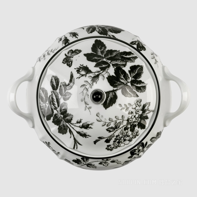 腊叶印花汤盅 黑色和白色瓷质