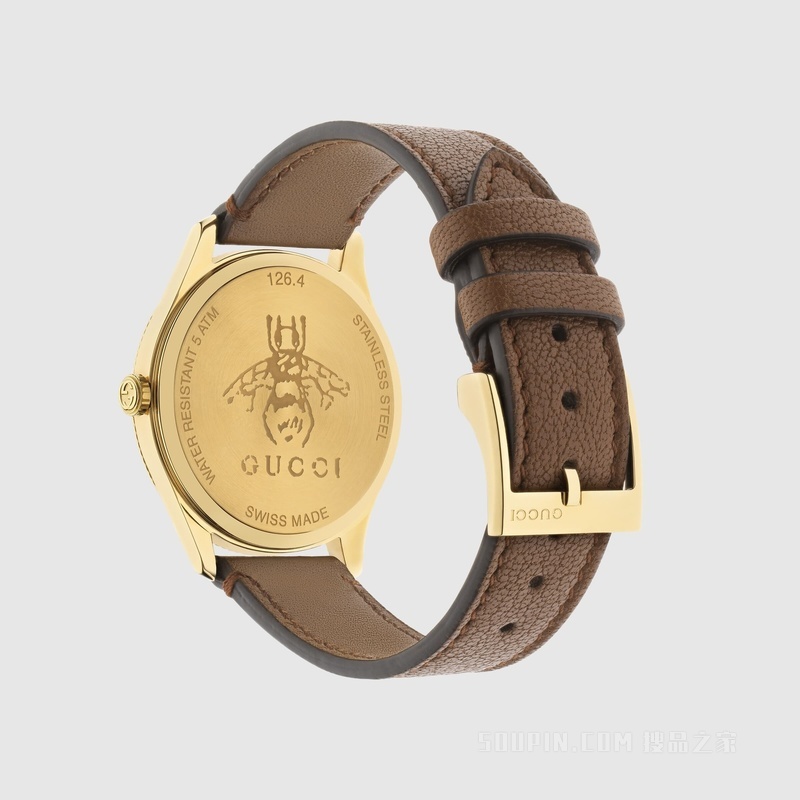 G-Timeless系列蜜蜂腕表，36毫米 棕色皮革