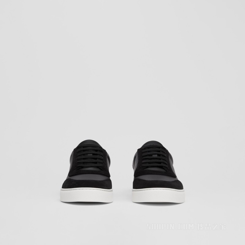 皮革、麂皮拼 Vintage 格纹棉质运动鞋 (黑色) - 男士
