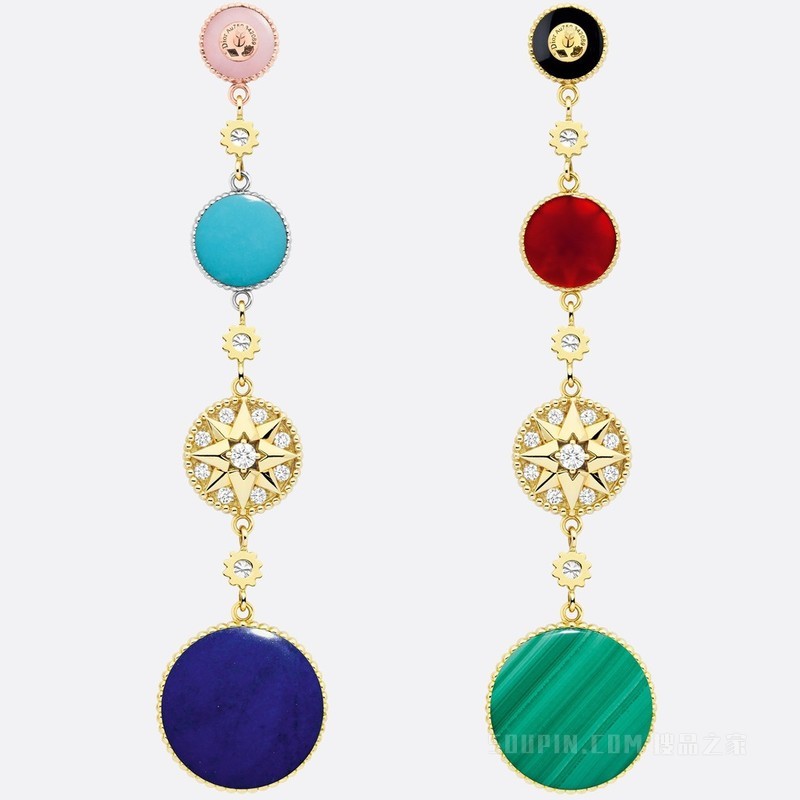 Rose des Vents 耳环 黄色、玫瑰色和白色 18K 金、钻石和装饰宝石