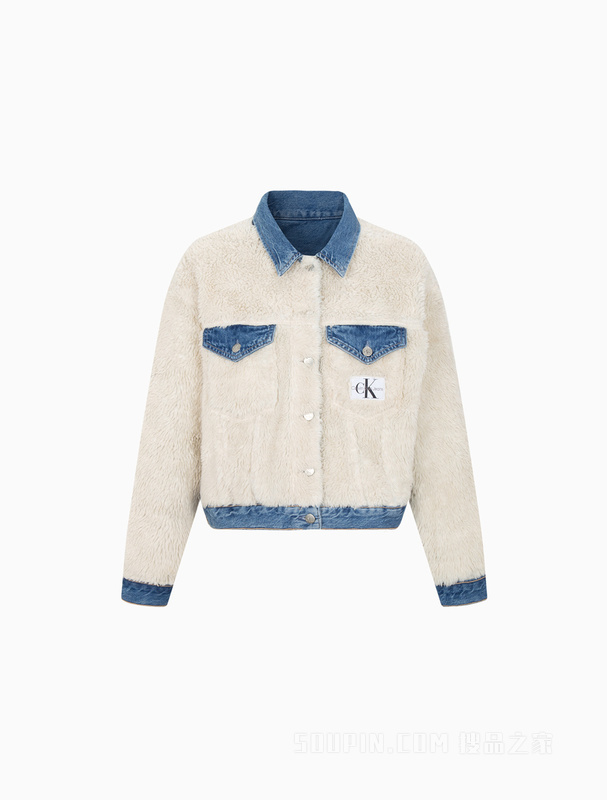 Calvin Klein 22秋冬女士仿羊羔绒双面穿LOGO织标牛仔外套J219349