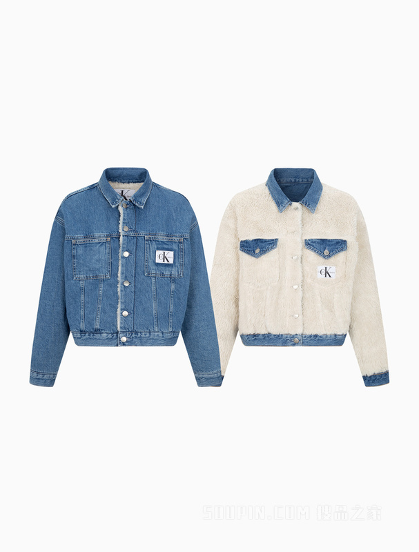 Calvin Klein 22秋冬女士仿羊羔绒双面穿LOGO织标牛仔外套J219349