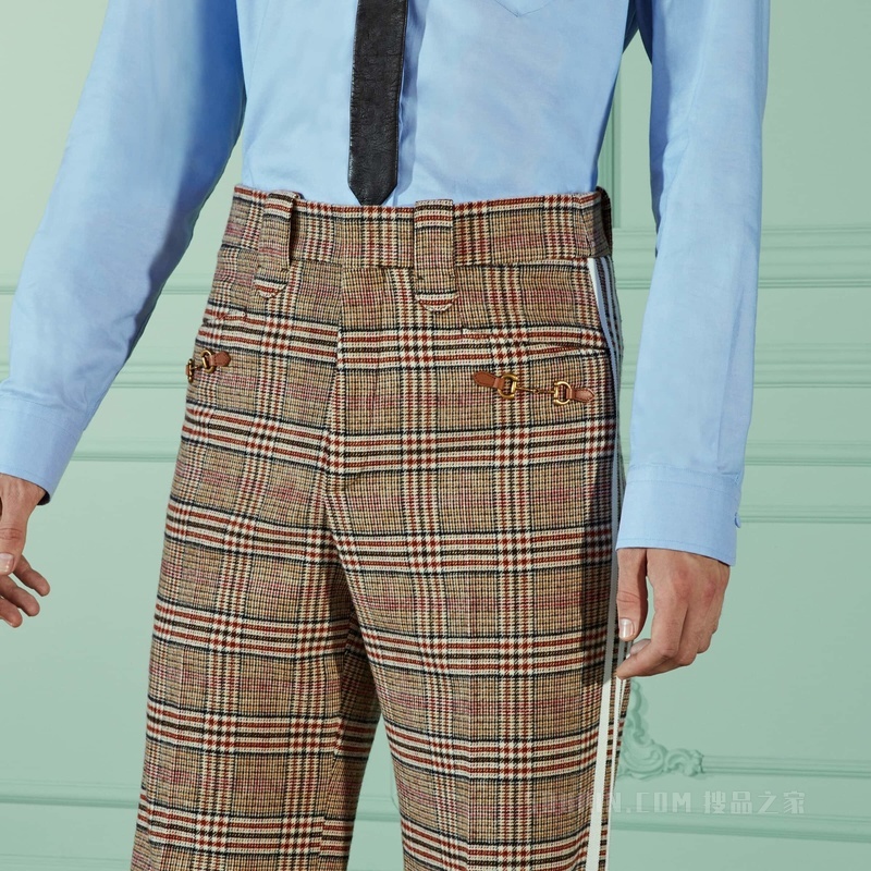 adidas x Gucci联名系列饰马衔扣格纹羊毛长裤 米色和棕色