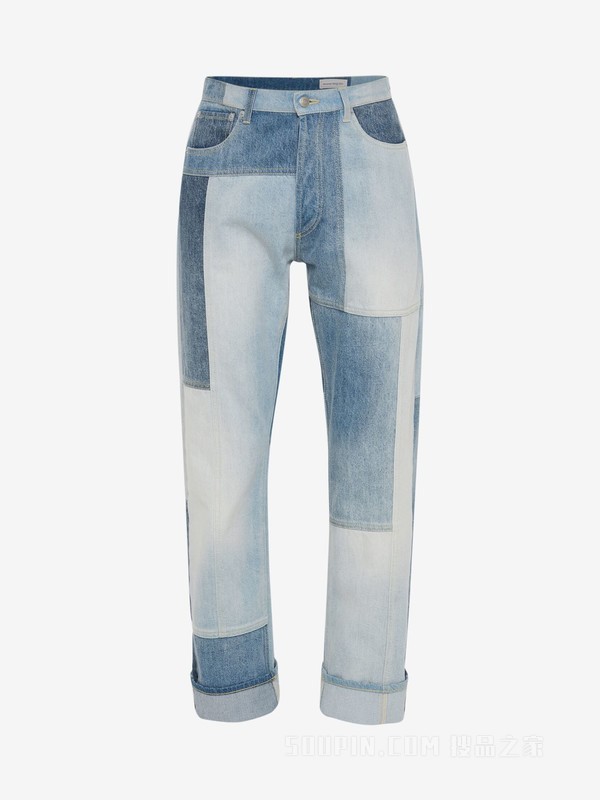 拼接阔腿牛仔裤