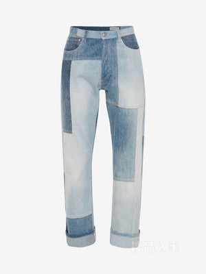 拼接阔腿牛仔裤
