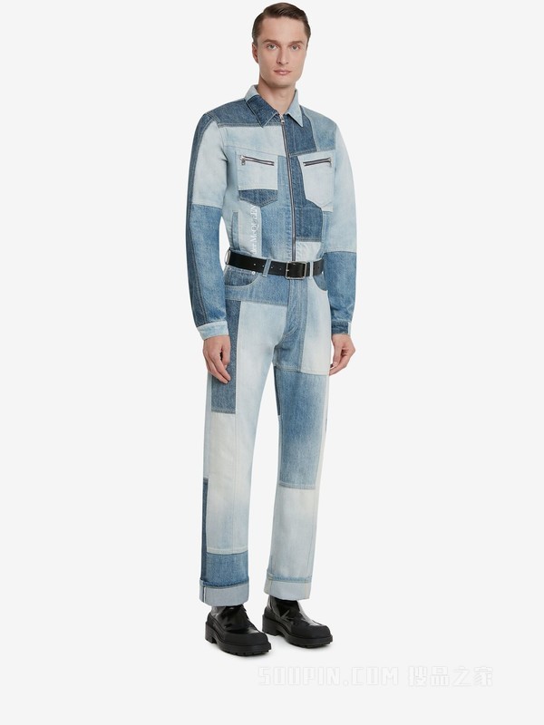 拼接阔腿牛仔裤