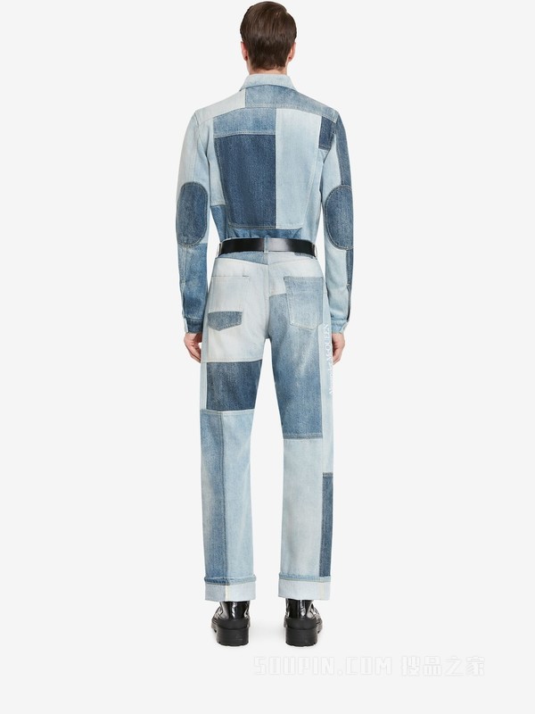 拼接阔腿牛仔裤