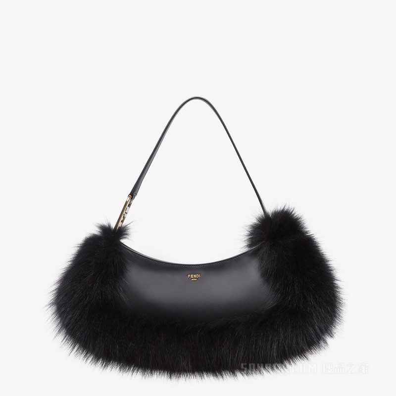 Fendi O'Lock Swing 黑色狐狸皮草和皮革手拿包