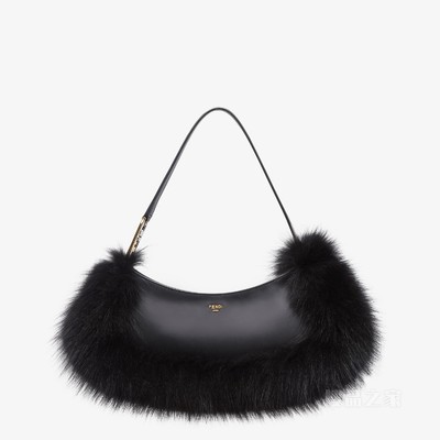 Fendi O'Lock Swing 黑色狐狸皮草和皮革手拿包