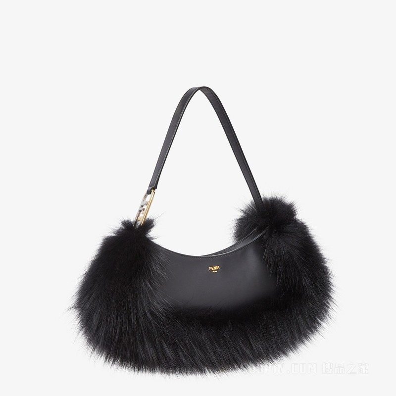 Fendi O'Lock Swing 黑色狐狸皮草和皮革手拿包