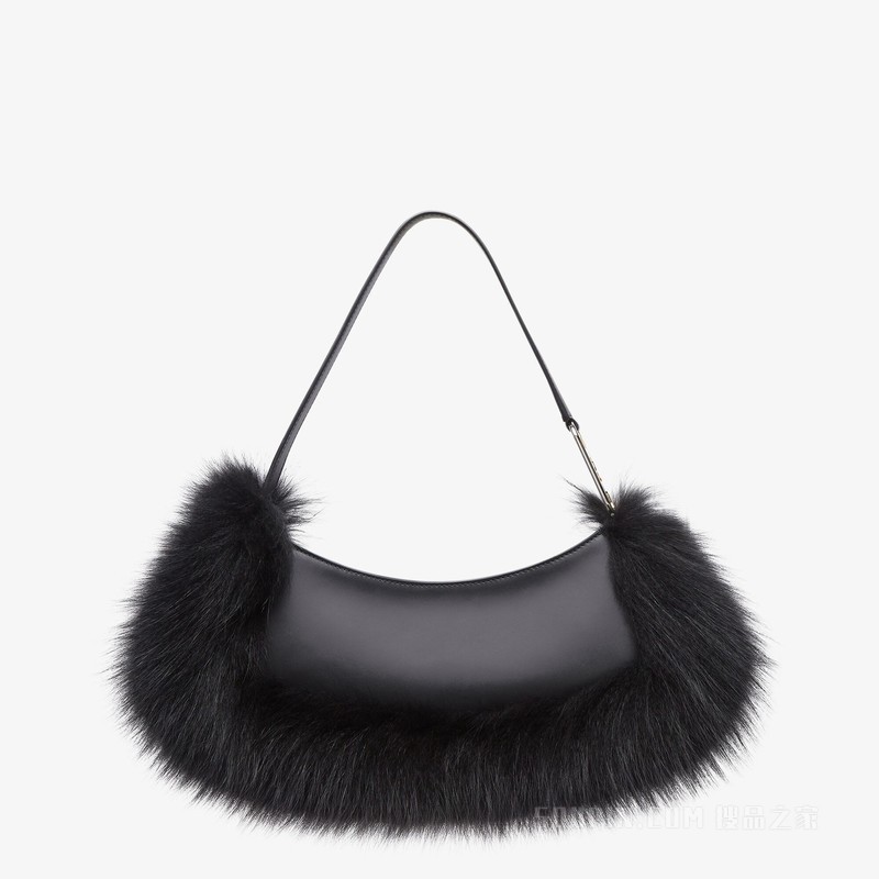 Fendi O'Lock Swing 黑色狐狸皮草和皮革手拿包
