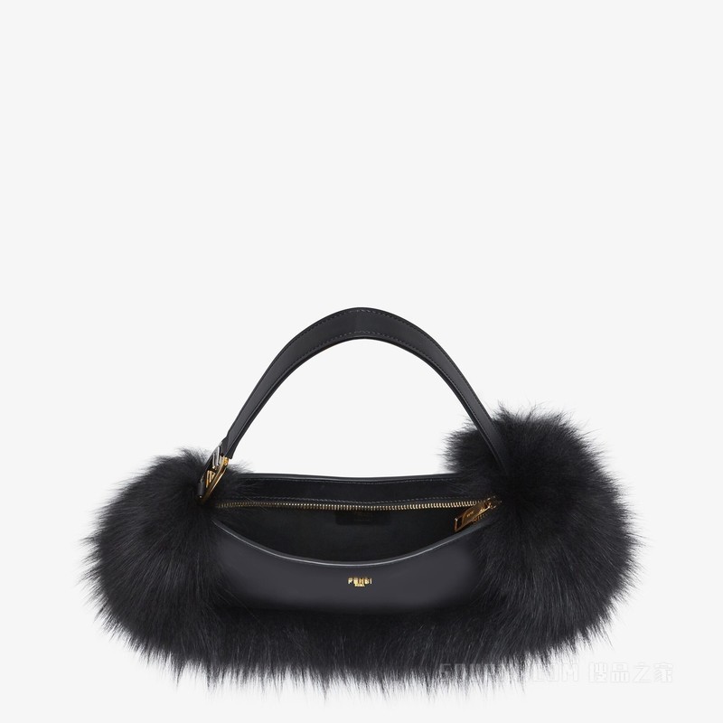 Fendi O'Lock Swing 黑色狐狸皮草和皮革手拿包